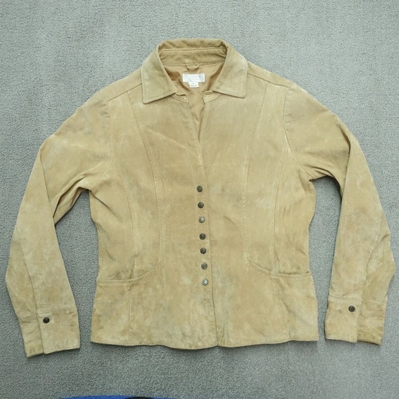 Christopher & Banks Basic Jacket Women's Size M Beige Long Sleeve Snap Leather - Picture 1 of 8